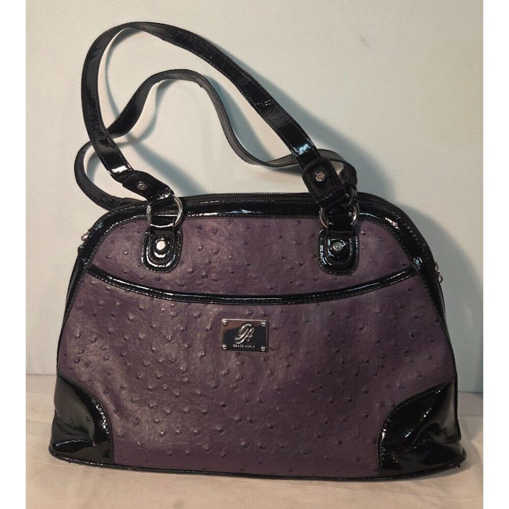 Grace Adele Handbag Purple Ostrich Style Satchel Patent Trim Shoulder Bag
